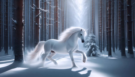 A unicorn in a snowy forest, Ai generated imageの写真素材