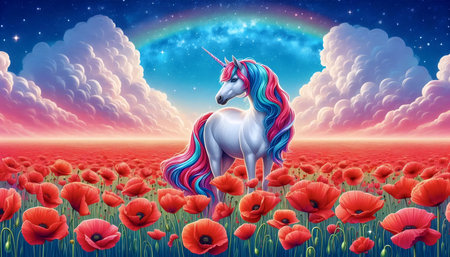 A unicorn in a poppy fieldの写真素材