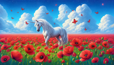 A white horse in a poppy field, Ai generated imageの写真素材
