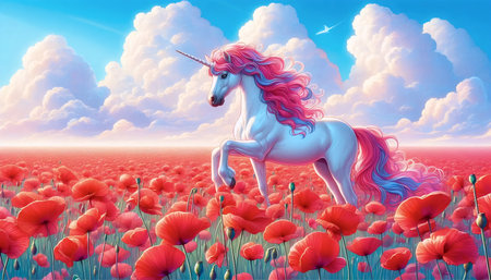 A unicorn in a poppy fieldの写真素材