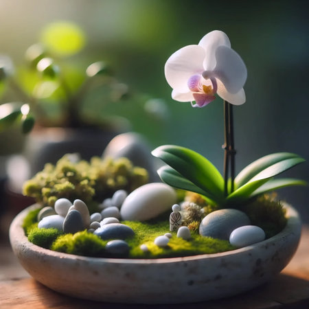 An orchid with stones and moss, Ai generated imageの写真素材