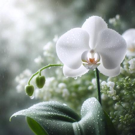 A white orchid in the rain, Ai generated imageの写真素材