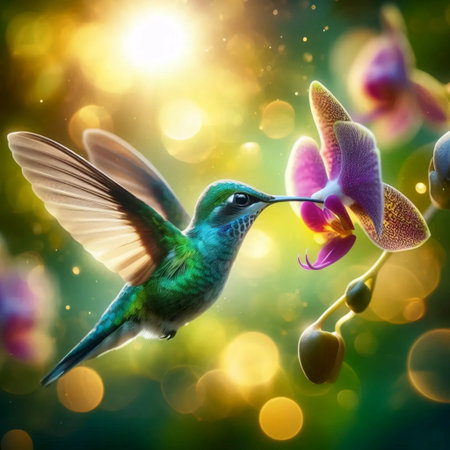 An orchid with a hummingbird, Ai generated imageの写真素材