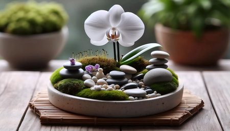 An orchid with stones and moss, Ai generated imageの写真素材