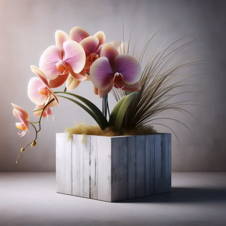 An orchid in a concrete pot, Ai generated imageの写真素材
