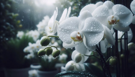 A white orchid in the rain, Ai generated imageの写真素材