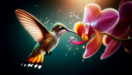 An orchid with a hummingbird, Ai generated imageの写真素材