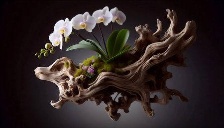 An orchid with wooden driftwoodの写真素材