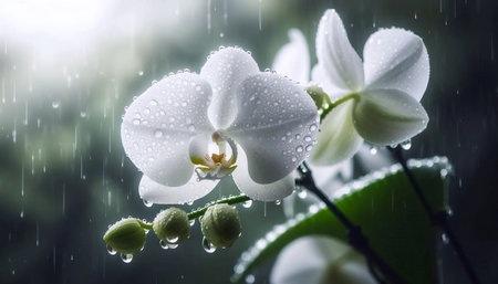 A white orchid in the rain, Ai generated imageの写真素材