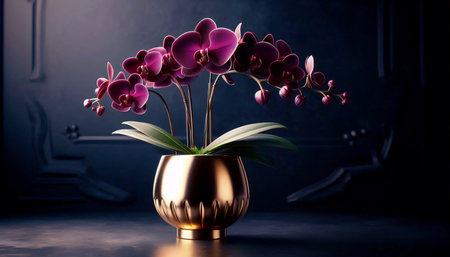 A purple orchid in a gold pot, Ai generated imageの写真素材