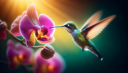 An orchid with a hummingbird, Ai generated imageの写真素材