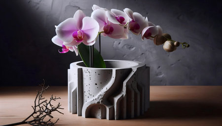 An orchid in a concrete pot, Ai generated imageの写真素材