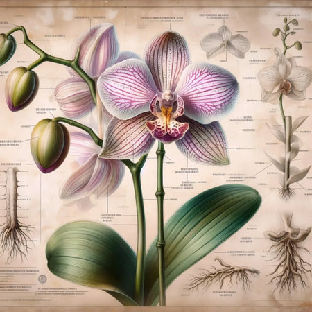 An orchid in botanical illustration technique, Ai generated image