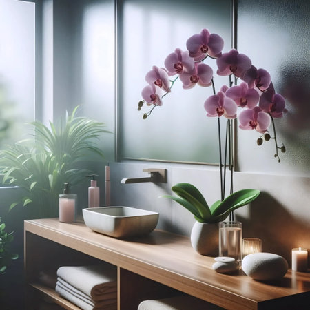An orchid in a bathroom, Ai generated imageの写真素材