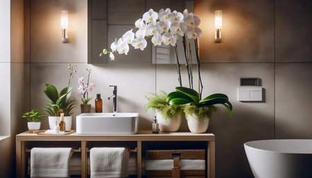 An orchid in a bathroom, Ai generated imageの写真素材