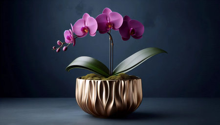 A purple orchid in a gold pot, Ai generated imageの写真素材