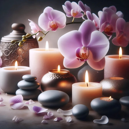 An orchid with burning candles, Ai generated imageの写真素材