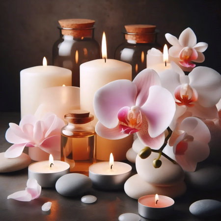 An orchid with burning candles, Ai generated imageの写真素材