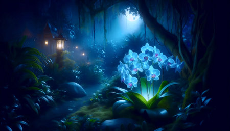 A blue orchid in a night garden, Ai generated imageの写真素材