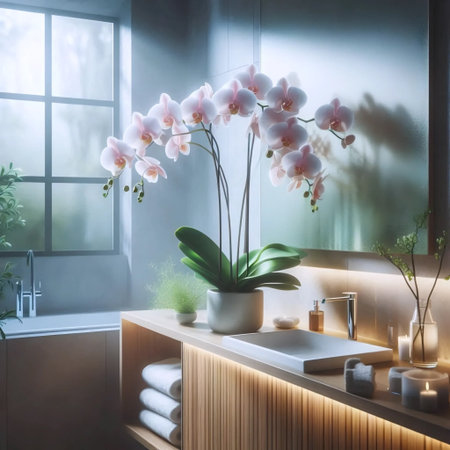 An orchid in a bathroom, Ai generated imageの写真素材