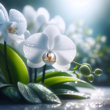 A white orchid in the rain, Ai generated image