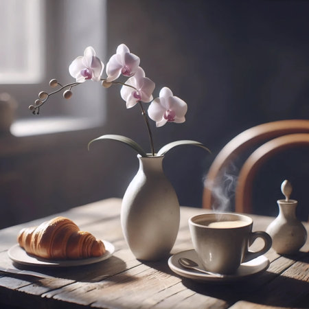 An orchid in a cafe, Ai generated imageの写真素材