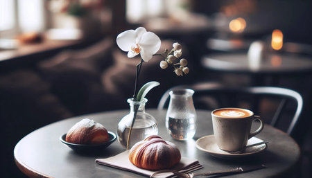An orchid in a cafe, Ai generated imageの写真素材