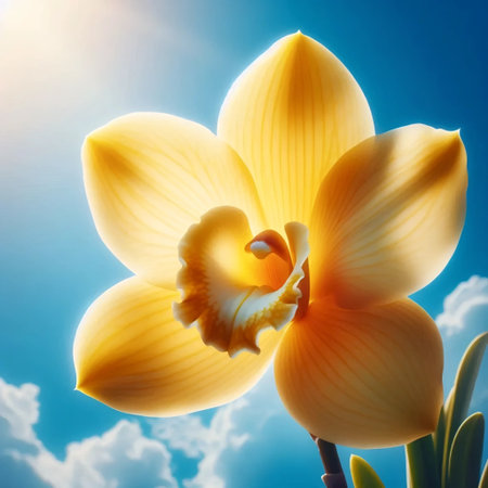 A yellow orchid against the sky, Ai generated imageの写真素材