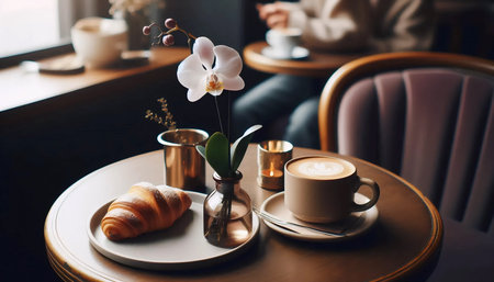 An orchid in a cafe, Ai generated image