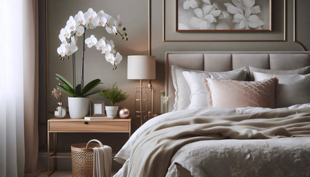 An orchid in a bedroom interior, Ai generated imageの写真素材