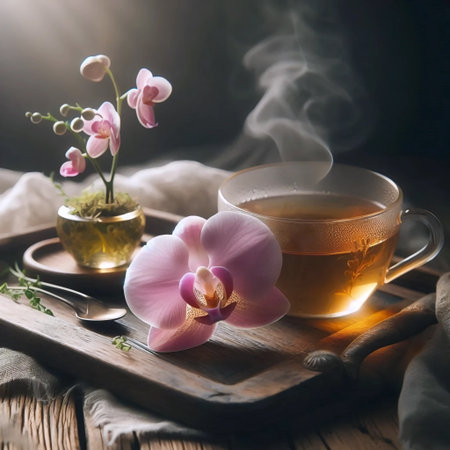 An orchid with a cup of tea, Ai generated imageの写真素材