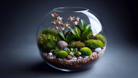 Miniature orchids in a terrarium, Ai generated imageの写真素材