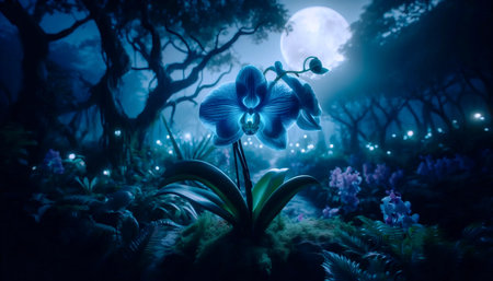 A blue orchid in a night garden, Ai generated imageの写真素材