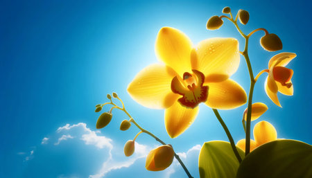 A yellow orchid against the sky, Ai generated imageの写真素材