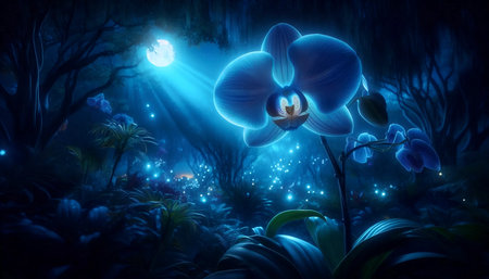 A blue orchid in a night garden, Ai generated imageの写真素材