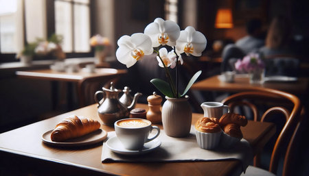 An orchid in a cafe, Ai generated imageの写真素材