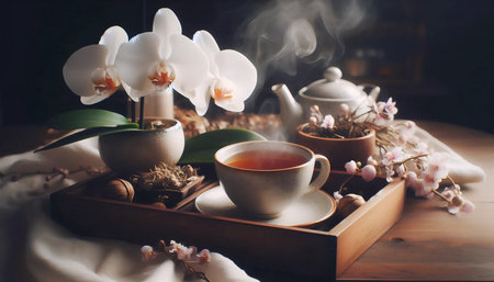 An orchid with a cup of tea, Ai generated imageの写真素材