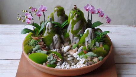 An orchid with stones and moss, Ai generated imageの写真素材