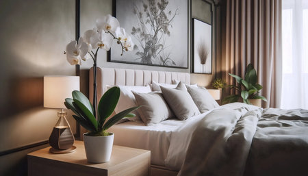 An orchid in a bedroom interior, Ai generated imageの写真素材