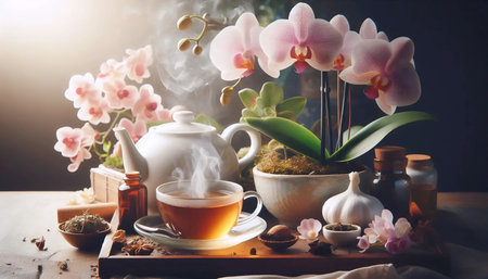 An orchid with a cup of tea, Ai generated imageの写真素材