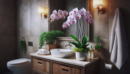 An orchid in a bathroom, Ai generated imageの写真素材