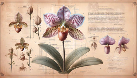 An orchid in botanical illustration technique, Ai generated imageの写真素材