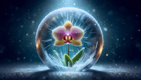 An orchid in an ice crystal, Ai generated image