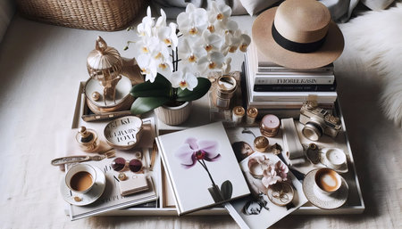 An orchid with magazines and books, Ai generated imageの写真素材