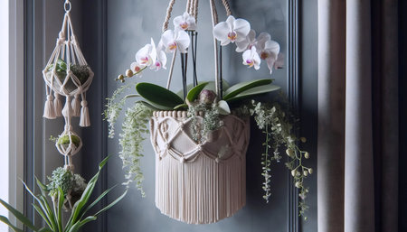 An orchid in a hanging planter, Ai generated image