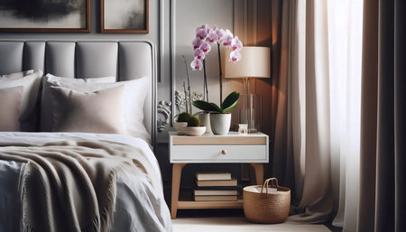 An orchid in a bedroom interior, Ai generated imageの写真素材
