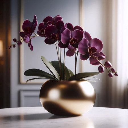A purple orchid in a gold pot, Ai generated imageの写真素材