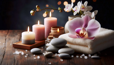 An orchid with burning candles, Ai generated imageの写真素材