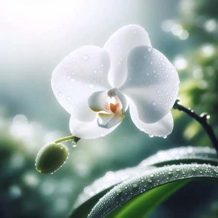 A white orchid in the rain, Ai generated imageの写真素材