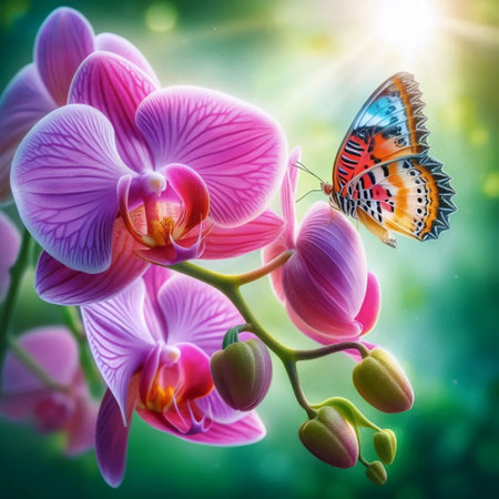 An orchid with a butterfly, Ai generated imageの写真素材